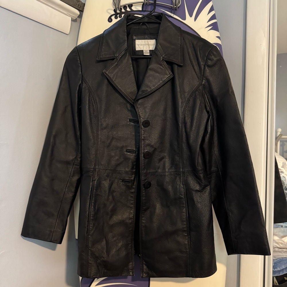 Worthington Black Leather Jacket Classic Blazer Style